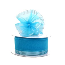 1.5 Inch Turquoise Organza Pull Bow Ribbon With 4 Rows of Gold Stripe Accents, 25 Yards (Lot of 1 Spool) SALE ITEM